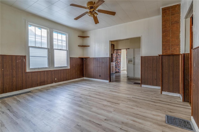 unfurnished room featuring ceiling fan, light hardwood / wood-style floors, and wood walls