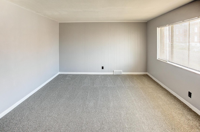 carpeted empty room with wood walls