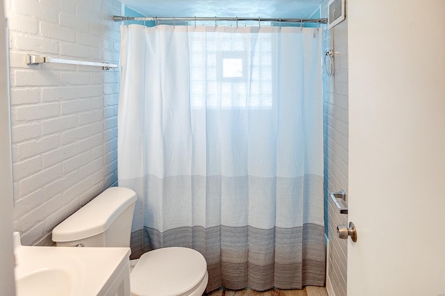 bathroom featuring a shower with curtain, vanity, and toilet