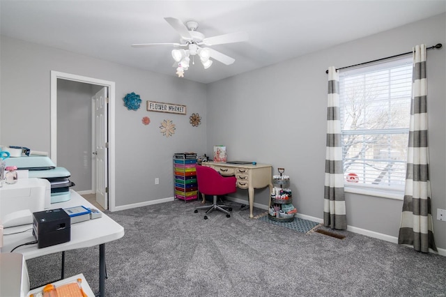 office space featuring carpet flooring and ceiling fan