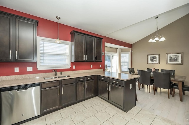 kitchen featuring sink, dishwasher, hanging light fixtures, a notable chandelier, and kitchen peninsula