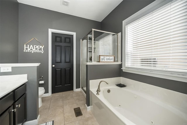 full bathroom featuring vanity, tile patterned floors, plus walk in shower, and toilet