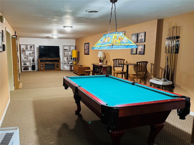 recreation room featuring light carpet, built in features, and billiards