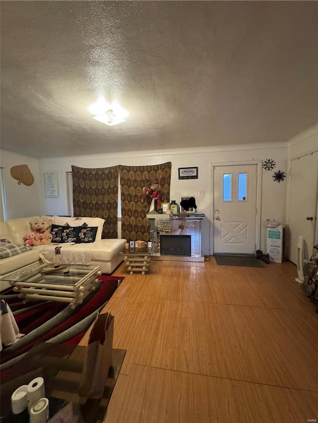 living room with a textured ceiling and hardwood / wood-style floors