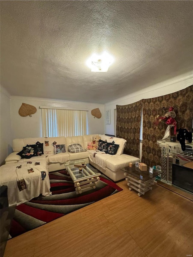 living room with hardwood / wood-style flooring and a textured ceiling