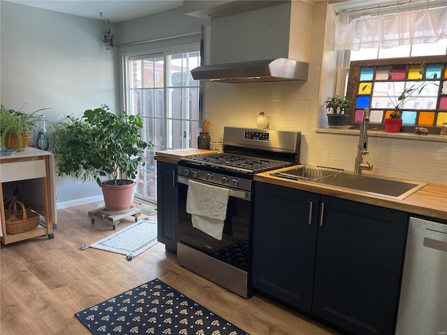 kitchen with extractor fan, stainless steel appliances, tasteful backsplash, light wood-type flooring, and sink