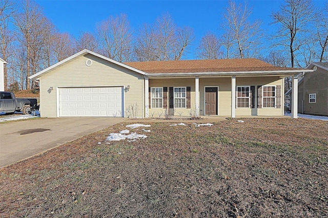 ranch-style house featuring a garage and a porch