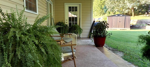 view of patio featuring a storage shed