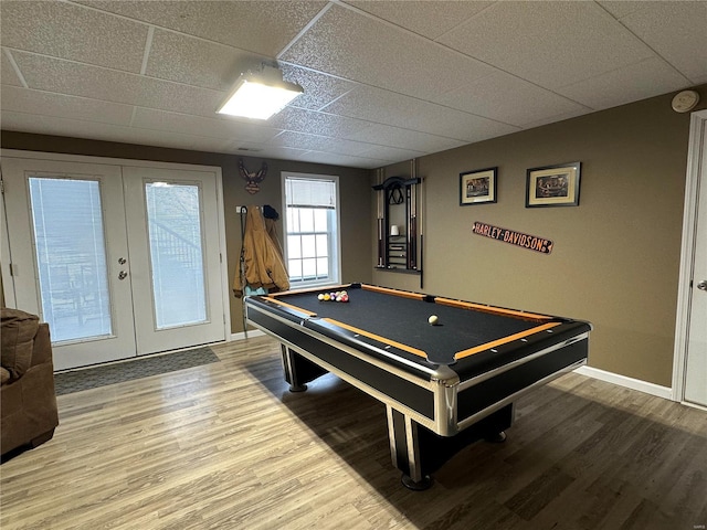 playroom featuring hardwood / wood-style floors, french doors, and billiards