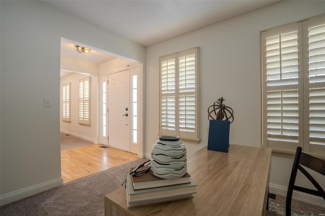 carpeted foyer entrance featuring a wealth of natural light