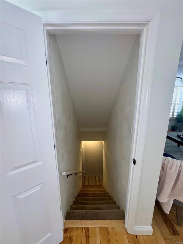 stairs featuring hardwood / wood-style floors