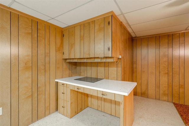 kitchen with a paneled ceiling, wood walls, and kitchen peninsula