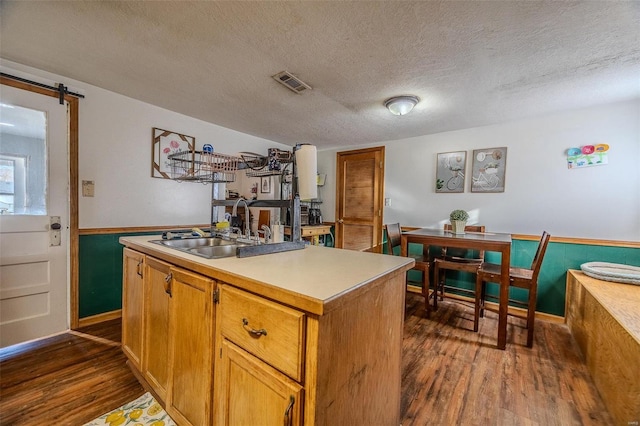 kitchen with sink, an island with sink, a textured ceiling, dark hardwood / wood-style flooring, and a barn door