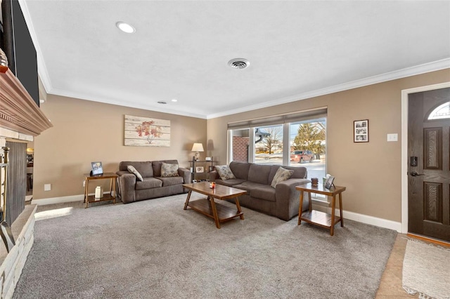 living room with ornamental molding and carpet