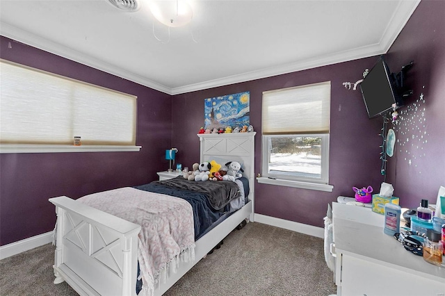 carpeted bedroom featuring ornamental molding