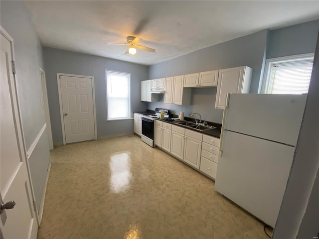 kitchen with ceiling fan, white appliances, plenty of natural light, and sink