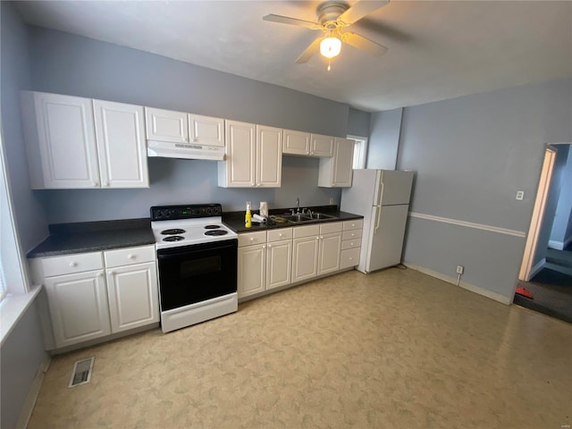 kitchen with ceiling fan, white cabinetry, white appliances, and sink