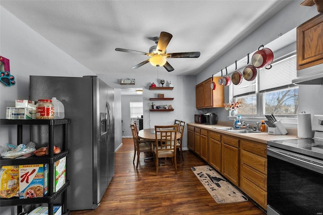 kitchen featuring dark wood-type flooring, ceiling fan, stainless steel appliances, and sink