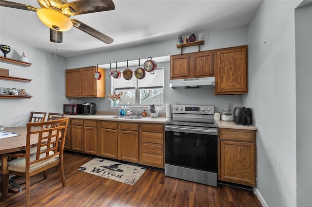 kitchen featuring ceiling fan, sink, dark hardwood / wood-style floors, and stainless steel range with electric cooktop