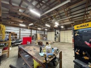 garage with a workshop area