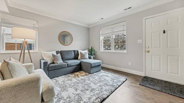 living room featuring ornamental molding, plenty of natural light, and wood-type flooring