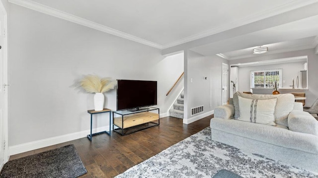 living room featuring crown molding and dark hardwood / wood-style floors