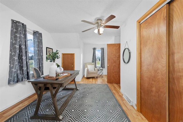 hallway with light hardwood / wood-style floors, a textured ceiling, and vaulted ceiling