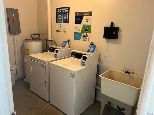 laundry area featuring electric panel, washer and dryer, electric water heater, and sink