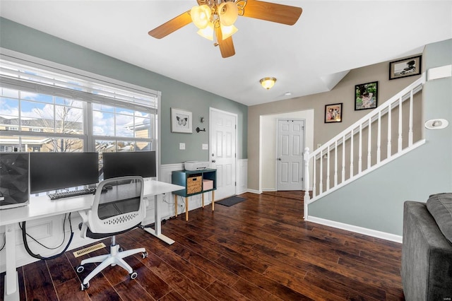 office with ceiling fan and dark hardwood / wood-style floors