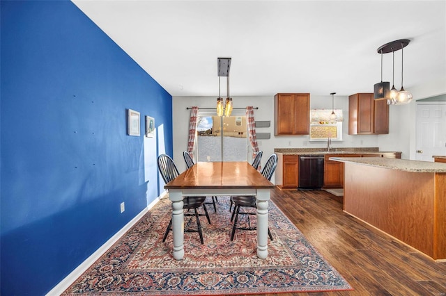 dining space featuring sink and dark wood-type flooring