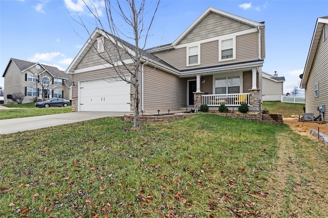 view of front of home featuring covered porch, a front lawn, and a garage