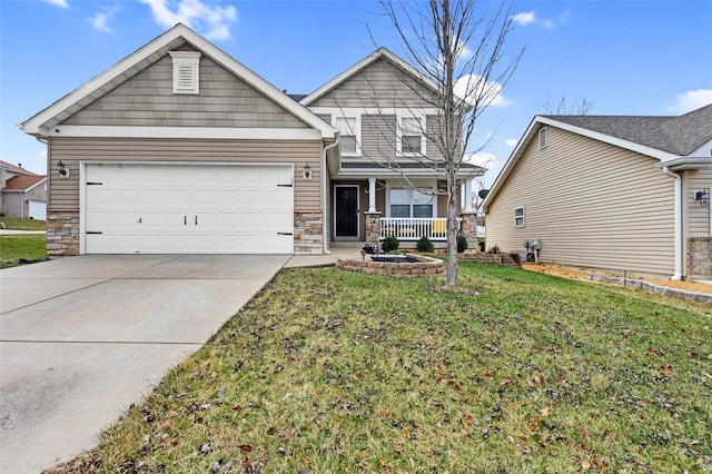 view of front of home with a porch, a front yard, and a garage