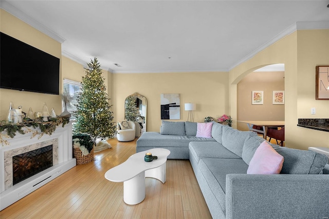 living room with ornamental molding, light hardwood / wood-style flooring, and a fireplace