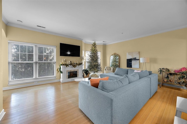 living room featuring light wood-type flooring and ornamental molding