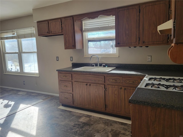 kitchen featuring cooktop, ventilation hood, and sink