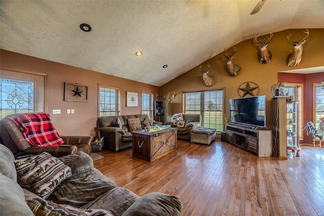 living room with hardwood / wood-style floors, a textured ceiling, and vaulted ceiling