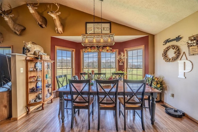 dining room featuring vaulted ceiling, wood-type flooring, and a textured ceiling