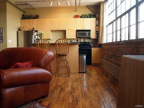 kitchen with a healthy amount of sunlight, stainless steel fridge, and dark hardwood / wood-style flooring