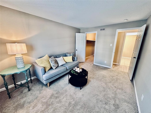 living room featuring a textured ceiling and carpet floors