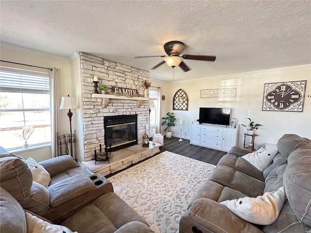 living room with dark wood-type flooring, a textured ceiling, ornamental molding, ceiling fan, and a fireplace