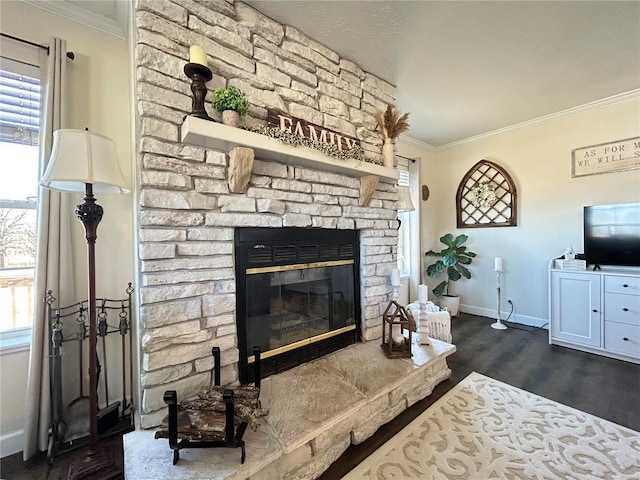 living room with crown molding, dark hardwood / wood-style floors, and a fireplace