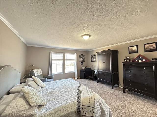 bedroom with crown molding and light carpet