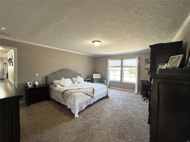 bedroom with carpet floors, ornamental molding, and a textured ceiling