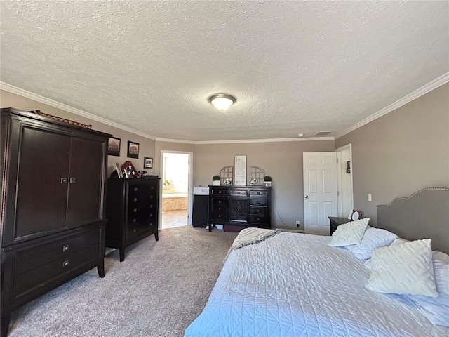 bedroom with light carpet, ornamental molding, a textured ceiling, and ensuite bathroom