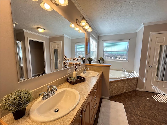 bathroom with tiled bath, vanity, toilet, crown molding, and a textured ceiling