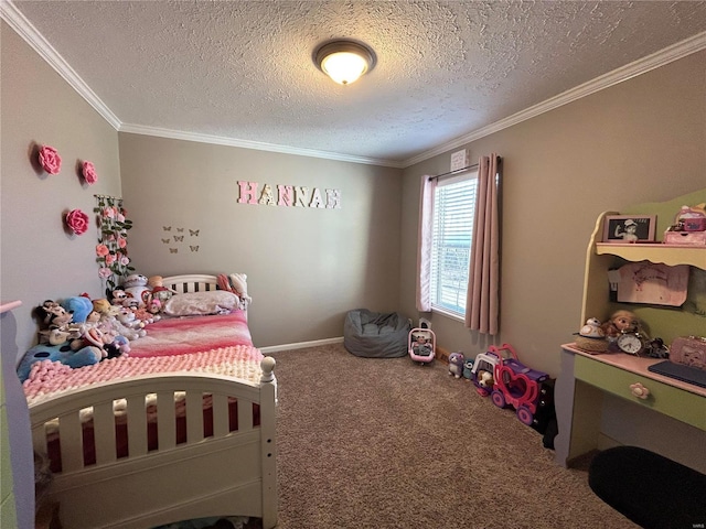 bedroom with crown molding, a textured ceiling, and carpet