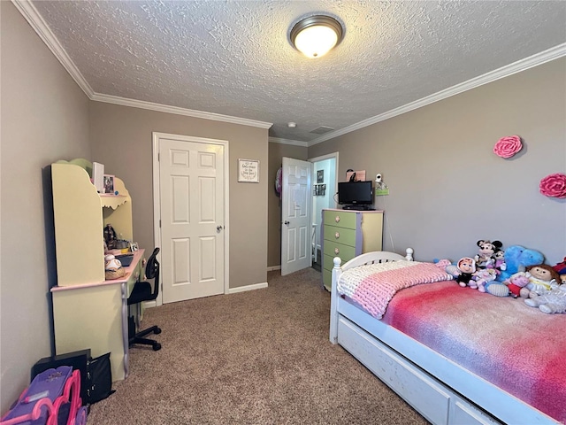 bedroom with crown molding, a textured ceiling, and carpet flooring