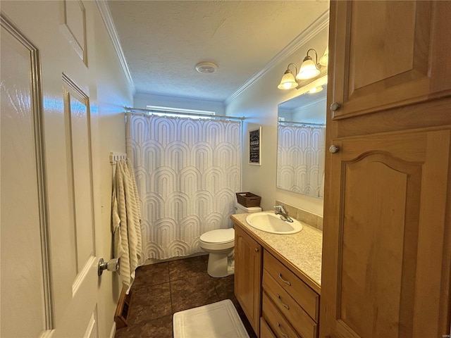 bathroom featuring crown molding, vanity, a textured ceiling, and toilet