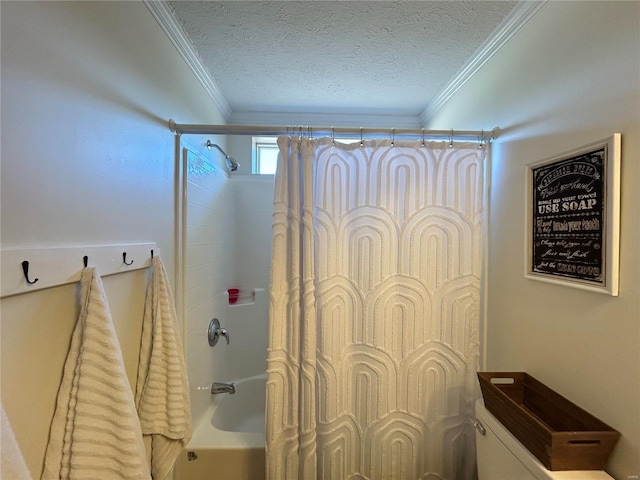 bathroom featuring a textured ceiling, ornamental molding, and shower / bath combo