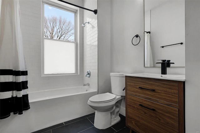 full bathroom featuring toilet, tile patterned floors, vanity, and shower / tub combo with curtain